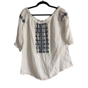Beachlunchlounge White Cotton Gauze Embroidered Peasant Blouse XL Boho Top